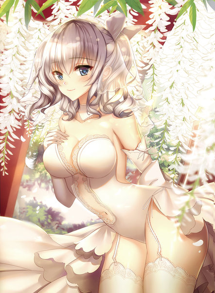Anime picture 1000x1356 with kantai collection kashima training cruiser mallizmora single long hair tall image looking at viewer blush fringe breasts blue eyes light erotic hair between eyes large breasts twintails cleavage silver hair alternate costume hand on chest wavy hair