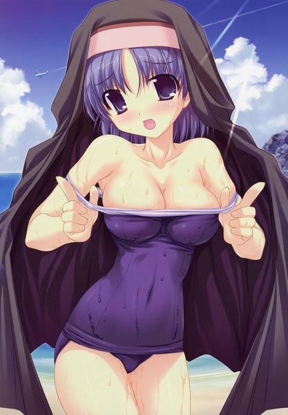 Anime picture 2435x3500 with prism magical (game) ohno tetsuya tall image highres short hair breasts blue eyes light erotic large breasts blue hair wet nun swimsuit akenobe shione