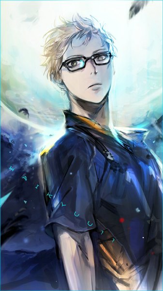 Anime picture 500x889 with haikyuu!! production i.g tsukishima kei zis (artist) single tall image looking at viewer short hair blonde hair yellow eyes wind copyright name boy uniform glasses feather (feathers) gym uniform