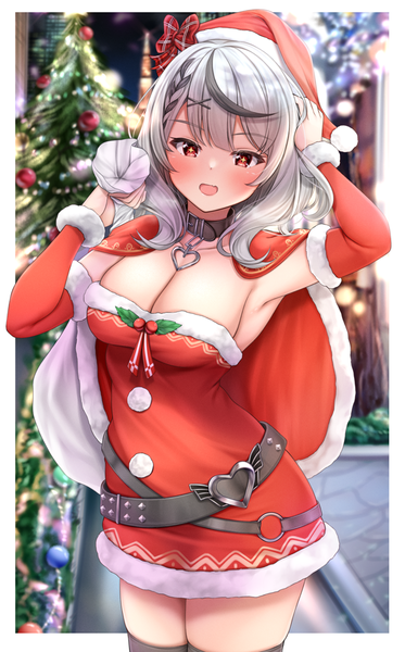 Anime picture 713x1147 with virtual youtuber hololive sakamata chloe lomocya single tall image looking at viewer blush short hair breasts open mouth light erotic red eyes large breasts standing cleavage silver hair :d multicolored hair armpit (armpits)