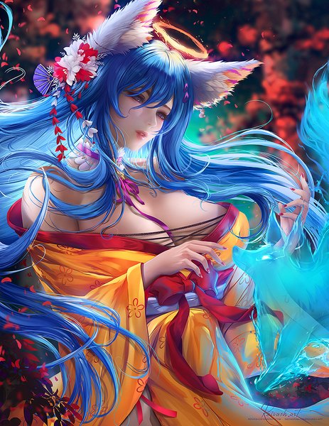 Anime picture 800x1035 with original javier estrada single long hair tall image fringe breasts light erotic hair between eyes large breasts bare shoulders signed animal ears blue hair looking away cleavage upper body nail polish traditional clothes parted lips