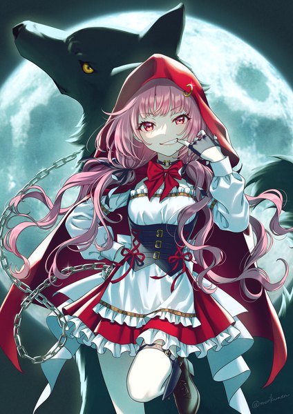 Anime-Bild 1157x1637 mit little red riding hood original little red riding hood (character) morikura en single long hair tall image looking at viewer fringe smile red eyes standing twintails signed pink hair outdoors blunt bangs long sleeves nail polish arm up
