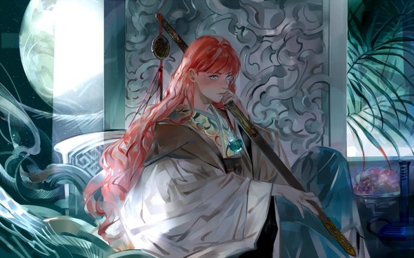 Anime picture 1600x1000 with twelve kingdoms nakajima youko saiga tokihito single long hair looking at viewer blush fringe blue eyes sitting red hair long sleeves traditional clothes wide sleeves chinese clothes wavy hair girl weapon plant (plants) sword