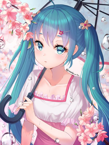 Anime picture 3000x4000 with vocaloid melt (vocaloid) hatsune miku eunji0093 sarablanche single long hair tall image looking at viewer blush fringe highres hair between eyes standing twintails holding signed payot upper body ahoge