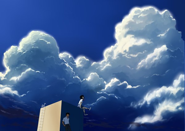 Anime picture 1024x724 with original goke shike (altamira05) short hair black hair standing sitting looking away sky cloud (clouds) wind wallpaper looking up hands in pockets girl boy skirt uniform school uniform socks shoes