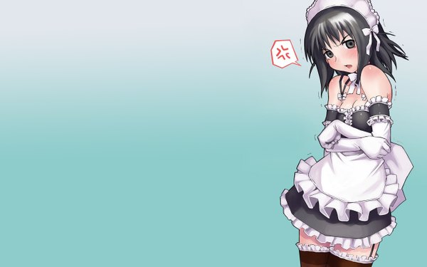 Anime picture 1280x800 with kore ga watashi no goshujinsama genshiken arms corporation ogiue chika looking at viewer blush short hair simple background wide image bare shoulders cleavage maid covering cosplay angry covering breasts green background anger vein thighhighs headdress
