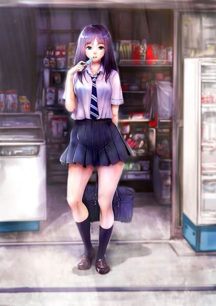 Anime picture 900x1273 with original konekoneko (indonesia) single long hair tall image looking at viewer fringe open mouth standing holding purple hair full body bent knee (knees) outdoors pleated skirt black eyes shadow arm behind back girl skirt