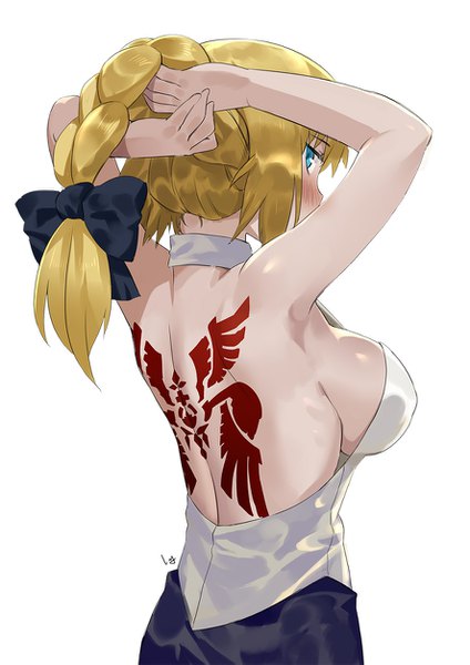 Anime picture 886x1253 with fate (series) fate/apocrypha jeanne d'arc (fate) (all) jeanne d'arc (fate) nanaya (daaijianglin) single long hair tall image looking at viewer blush breasts blue eyes light erotic simple background blonde hair large breasts standing white background signed braid (braids)