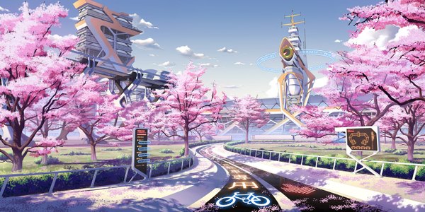 Anime picture 1500x750 with mirai millenium pinakes wide image sky cloud (clouds) cherry blossoms no people landscape scenic nature spring plant (plants) petals tree (trees) building (buildings) road