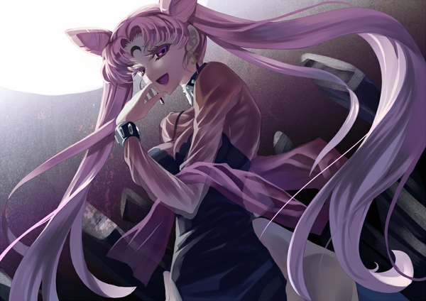 Anime picture 1000x708 with bishoujo senshi sailor moon toei animation chibiusa black lady bun-o (artist) single open mouth purple eyes twintails pink hair very long hair girl dress moon palantine