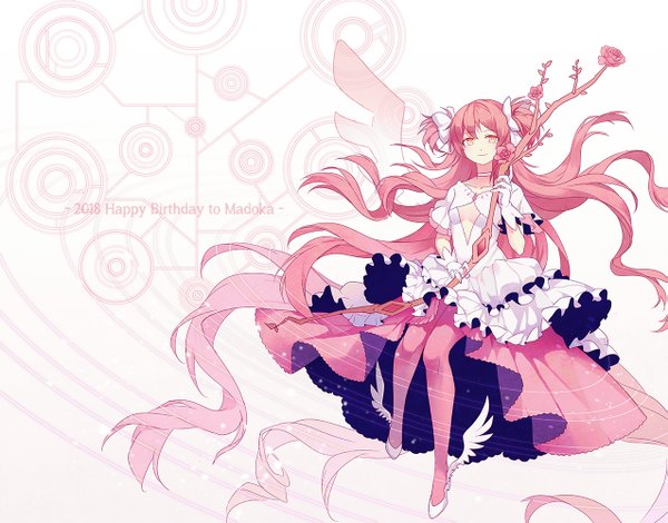 Anime picture 1275x1000 with mahou shoujo madoka magica shaft (studio) kaname madoka goddess madoka cuivre single looking at viewer fringe simple background smile hair between eyes white background holding yellow eyes pink hair full body very long hair short sleeves two side up floating hair