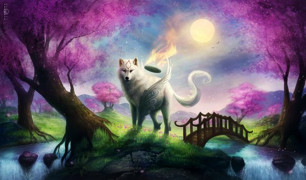 Anime picture 1024x603 with okami amaterasu (okami) sanguisgelidus looking at viewer wide image sky cherry blossoms reflection horizon mountain face paint flower (flowers) plant (plants) animal petals wings tree (trees) bird (birds) grass fire