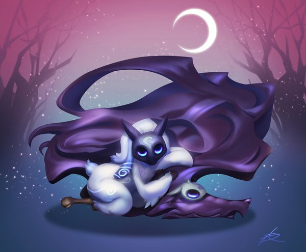 Anime picture 1521x1255 with league of legends kindred (league of legends) lamb (league of legends) phantom (ptcrow) long hair purple hair white hair eyes closed sleeping crescent plant (plants) animal tree (trees) moon wolf sheep