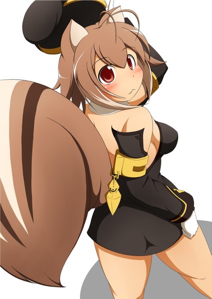 Anime picture 1075x1518 with blazblue makoto nanaya mirano single tall image blush short hair simple background red eyes brown hair white background bare shoulders animal ears animal tail looking back squirrel tail squirrel ears girl detached sleeves cap