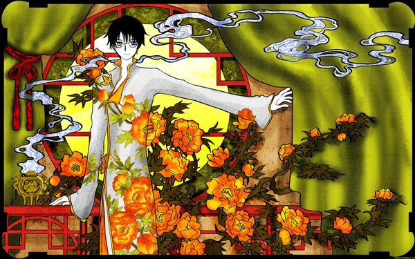 Anime picture 1920x1200 with xxxholic clamp watanuki kimihiro jakuro single highres short hair blue eyes black hair wide image yellow eyes heterochromia chinese clothes smoke pale skin boy flower (flowers) glasses curtains