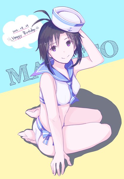 Anime picture 696x1000 with idolmaster kikuchi makoto keiseki single tall image short hair black hair smile sitting purple eyes looking away ahoge from above hand on head happy birthday sailor swimsuit (idolmaster) girl swimsuit beret