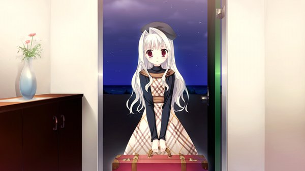 Anime picture 1024x576 with da capo iii long hair red eyes wide image game cg white hair girl dress beret suitcase
