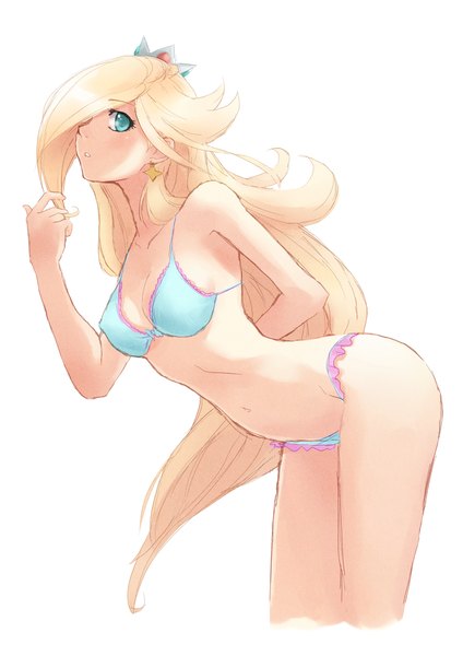 Anime picture 3348x4736 with super mario bros. rosetta (mario) tom skender single long hair tall image looking at viewer highres breasts blue eyes light erotic blonde hair white background absurdres leaning leaning forward adjusting hair girl navel swimsuit