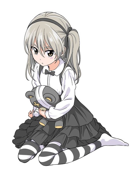 Anime picture 1200x1525 with girls und panzer shimada arisu boko (girls und panzer) hiroyuki single long hair tall image looking at viewer fringe simple background hair between eyes white background sitting brown eyes full body long sleeves parted lips grey hair two side up no shoes
