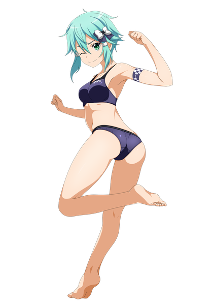 Anime picture 2260x3200 with sword art online a-1 pictures asada shino shugo19 single tall image looking at viewer fringe highres short hair breasts light erotic smile hair between eyes standing full body one eye closed looking back barefoot aqua eyes