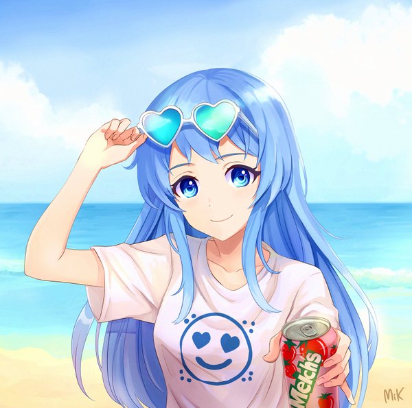 Anime picture 1500x1489 with original mikmix single long hair looking at viewer blush fringe blue eyes smile holding signed payot blue hair sky cloud (clouds) upper body outdoors beach horizon adjusting sunglasses