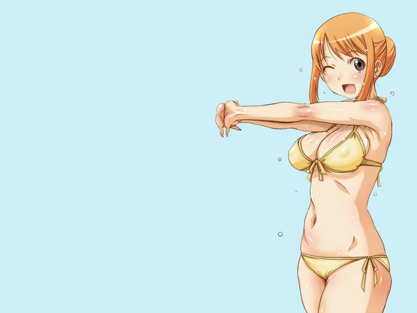 Anime picture 1024x768 with hanamaru youchien gainax tagme (character) tagme (artist) single blush short hair breasts open mouth light erotic simple background brown eyes one eye closed wink orange hair body blush girl navel swimsuit bikini