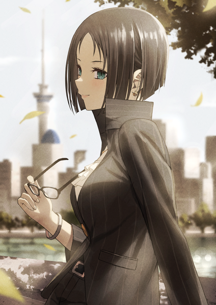 Anime picture 955x1351 with persona persona 4 golden marie (persona 4) fagi (kakikaki) single tall image short hair blue eyes black hair standing holding looking away upper body outdoors blurry depth of field striped popped collar holding eyewear girl