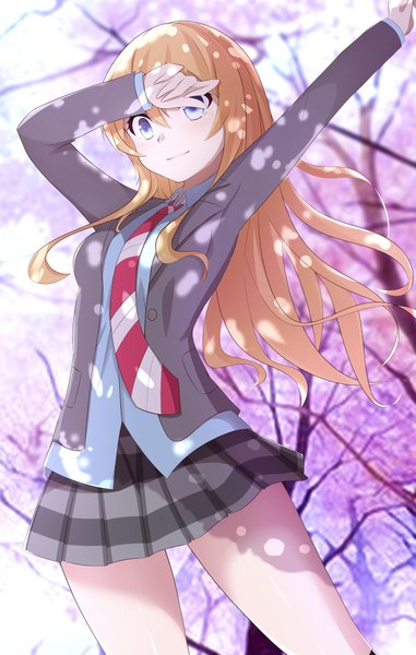 Anime picture 1221x1920 with shigatsu wa kimi no uso a-1 pictures miyazono kaori guanghe zuoyong de de yezi single long hair tall image fringe blue eyes blonde hair hair between eyes standing outdoors pleated skirt arm up light smile shadow from below depth of field cherry blossoms