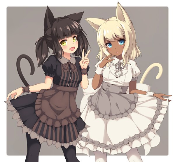 Anime picture 1170x1080 with original sasaame long hair blush open mouth blue eyes black hair multiple girls animal ears yellow eyes white hair tail animal tail cat ears cat girl cat tail dark skin victory girl dress