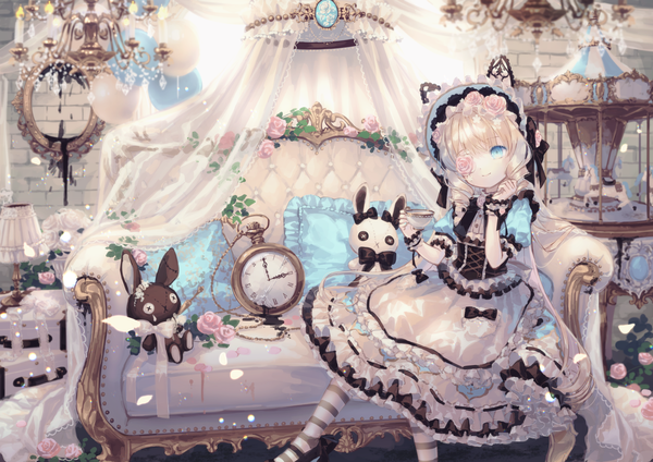 Anime picture 1771x1254 with original yumeichigo alice single highres short hair blue eyes blonde hair smile sitting indoors drill hair pale skin frilled dress lolita fashion girl dress flower (flowers) ribbon (ribbons) frills headdress