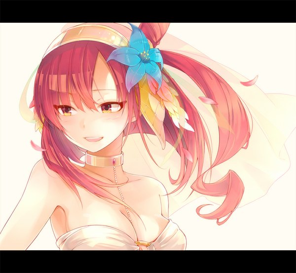 Anime picture 860x794 with magi the labyrinth of magic a-1 pictures morgiana ocha_(hutuumikan) single long hair blush breasts bare shoulders looking away cleavage red hair orange eyes one side up happy girl hair ornament petals choker headband