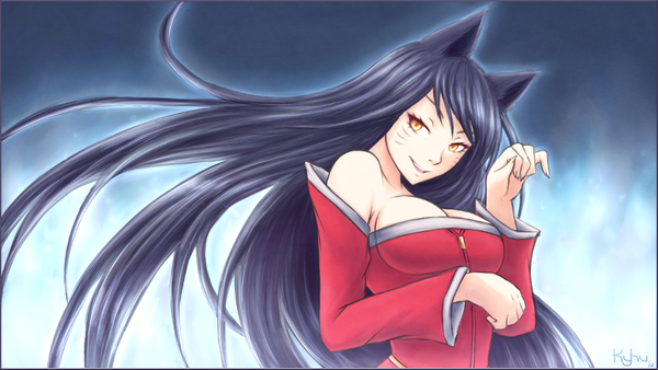 Anime picture 1017x574 with league of legends ahri (league of legends) k-y-h-u single long hair black hair smile wide image animal ears yellow eyes looking away facial mark whisker markings girl