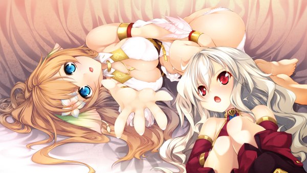 Anime picture 1742x987 with surge concerto: ciel nosurge ar nosurge gust (company) ionasal kkll preciel casty rianoit itsuki (spitbreak) long hair blush highres breasts open mouth blue eyes light erotic blonde hair red eyes wide image bare shoulders multiple girls white hair lying