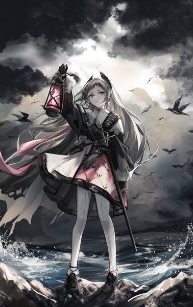 Anime picture 2283x3624 with arknights irene (arknights) mihaia single long hair tall image highres sky cloud (clouds) full body outdoors horn (horns) wind grey hair grey eyes girl gloves animal black gloves sea