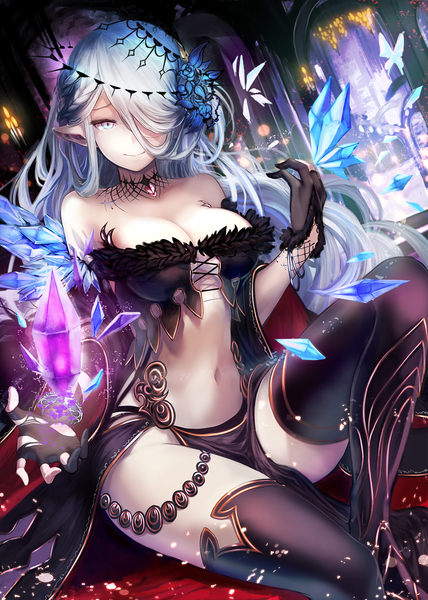 Anime picture 1000x1400 with original uro (uro zi) single long hair tall image looking at viewer fringe breasts light erotic smile large breasts sitting bare shoulders cleavage silver hair braid (braids) hair flower pointy ears hair over one eye torn clothes