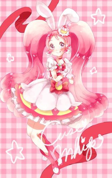 Anime picture 759x1200 with precure kirakira precure a la mode toei animation usami ichika cure whip yu na single tall image looking at viewer blush fringe simple background smile twintails animal ears pink hair bent knee (knees) very long hair pink eyes bunny ears