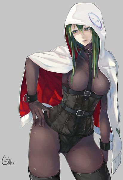 Anime picture 2800x4072 with original jikeshi single long hair tall image fringe highres breasts open mouth light erotic simple background hair between eyes green eyes signed looking away upper body parted lips green hair grey background no bra