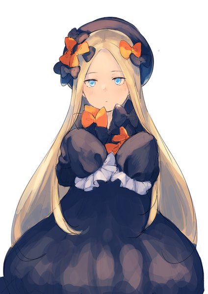Anime picture 2894x4093 with fate (series) fate/grand order abigail williams (fate) ikoan single long hair tall image looking at viewer blush highres blue eyes blonde hair simple background white background sleeves past wrists girl dress bow hair bow hat