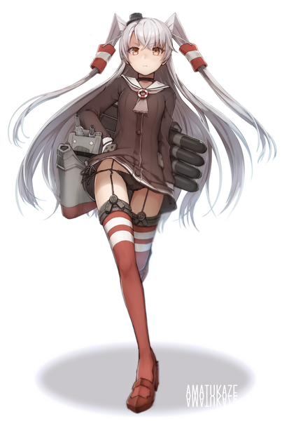 Anime picture 800x1190 with kantai collection amatsukaze destroyer rensouhou-kun tomari (veryberry00) single long hair tall image looking at viewer light erotic brown eyes silver hair two side up character names hand on hip girl thighhighs dress hair ornament underwear panties