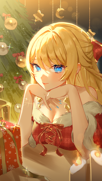 Anime picture 2250x4000 with genshin impact navia (genshin impact) harushio single long hair tall image looking at viewer blush fringe highres breasts blue eyes blonde hair smile sitting bare shoulders cleavage nail polish off shoulder sparkle