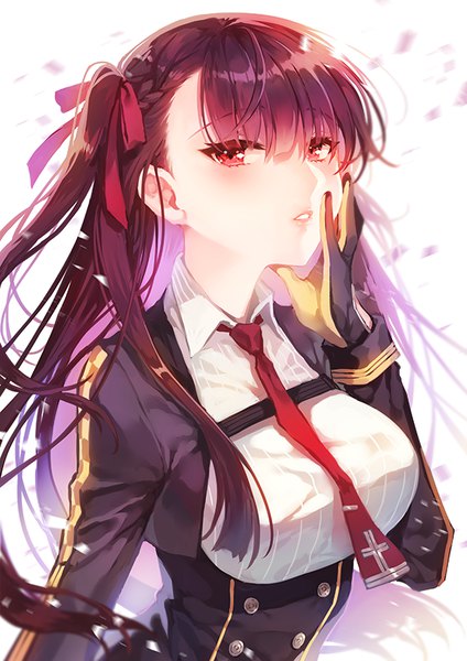 Anime picture 600x849 with girls frontline wa2000 (girls frontline) manle single long hair tall image looking at viewer blush fringe breasts simple background hair between eyes red eyes white background purple hair braid (braids) parted lips multicolored hair one side up hand on face