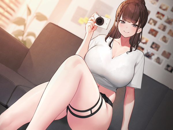 Anime picture 1920x1440 with original hayabusa single long hair looking at viewer blush fringe highres breasts light erotic smile brown hair sitting holding cleavage bent knee (knees) ponytail indoors nail polish arm up