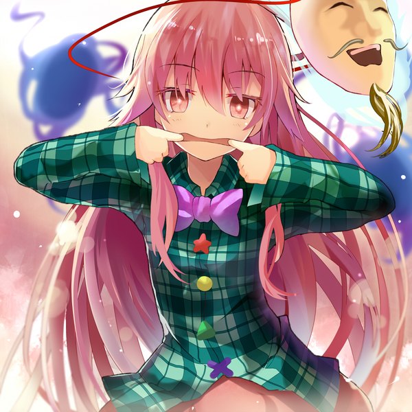 Anime picture 1000x1000 with touhou urban legend in limbo hata no kokoro efe single long hair looking at viewer blush fringe open mouth hair between eyes pink hair pink eyes plaid girl bow mask beard mustache
