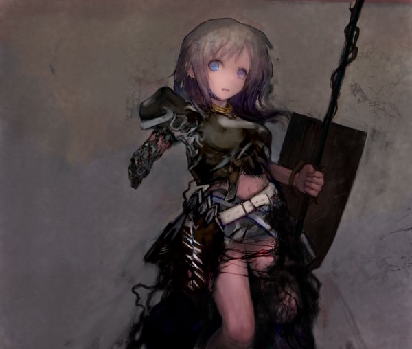 Anime picture 2000x1695 with original madokansuzuki (artist) single looking at viewer highres short hair blue eyes simple background grey hair grey background amputee girl weapon belt jewelry shield