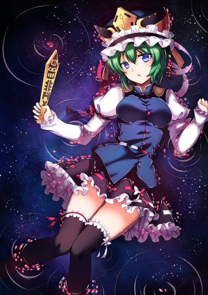 Anime picture 2480x3507 with touhou shikieiki yamaxanadu koissa single tall image looking at viewer fringe highres short hair breasts blue eyes hair between eyes sky lying long sleeves parted lips green hair night on back puffy sleeves