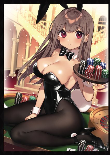 Anime picture 1357x1920 with original sakura yuki (clochette) single long hair tall image looking at viewer blush fringe breasts light erotic red eyes brown hair large breasts sitting holding animal ears cleavage indoors tail blunt bangs