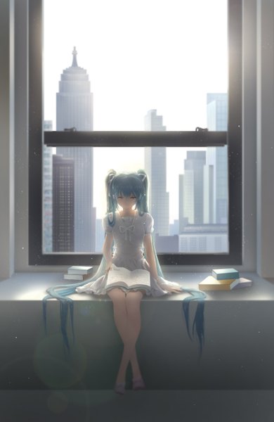 Anime picture 906x1395 with vocaloid hatsune miku shangguan feiying single tall image fringe hair between eyes sitting twintails payot blue hair sky full body indoors very long hair sunlight blurry arm support bare legs grey eyes