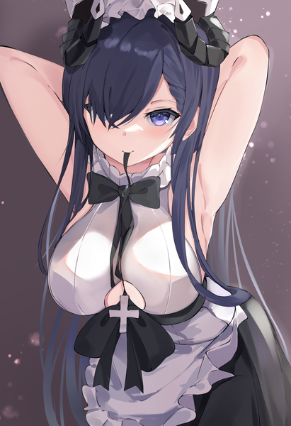 Anime picture 1212x1770 with azur lane august von parseval (azur lane) august von parseval (the conquered unhulde) (azur lane) runep single long hair tall image blush fringe breasts light erotic black hair large breasts purple eyes holding horn (horns) hair over one eye armpit (armpits) mouth hold official alternate costume