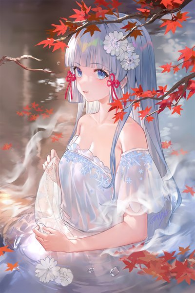 Anime picture 1500x2250 with genshin impact kamisato ayaka criin single long hair tall image blush fringe breasts blue eyes bare shoulders holding looking away cleavage silver hair upper body blunt bangs parted lips hair flower mole