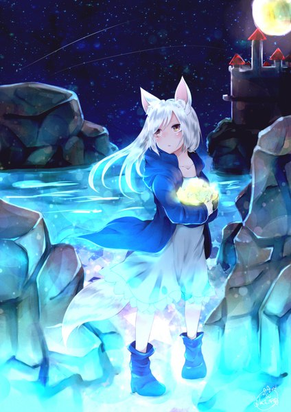 Anime picture 1414x2000 with original chita (ketchup) single tall image blush standing holding yellow eyes looking away silver hair full body wind night night sky glow shooting star girl water boots moon